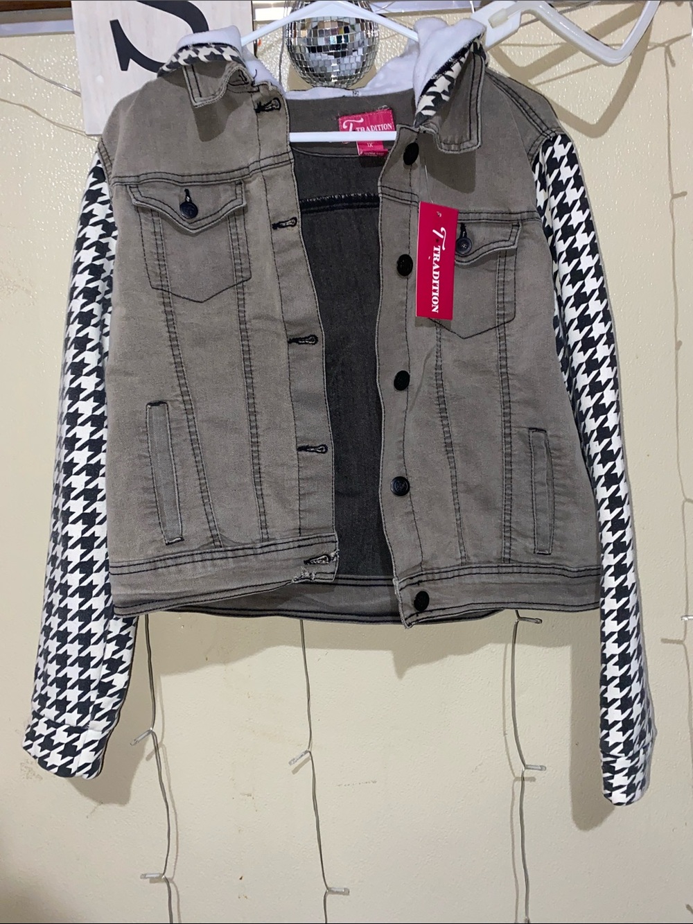 Tradition Hooded Jean Jacket with Houndstooth Sleeves - Gray & Black